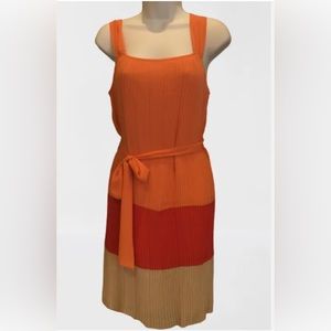 Dana Buchman Dress Size 4 Orange Color Block Pleated Accordion Belted Sl…